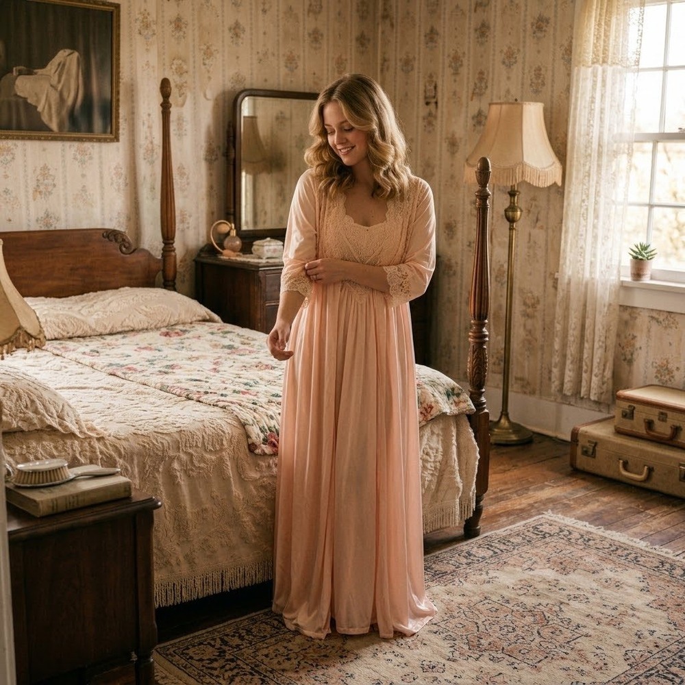 Vintage Galeries Lafayette 2 Piece Nightgown Robe Set Peach Pink Lace Trim, 36